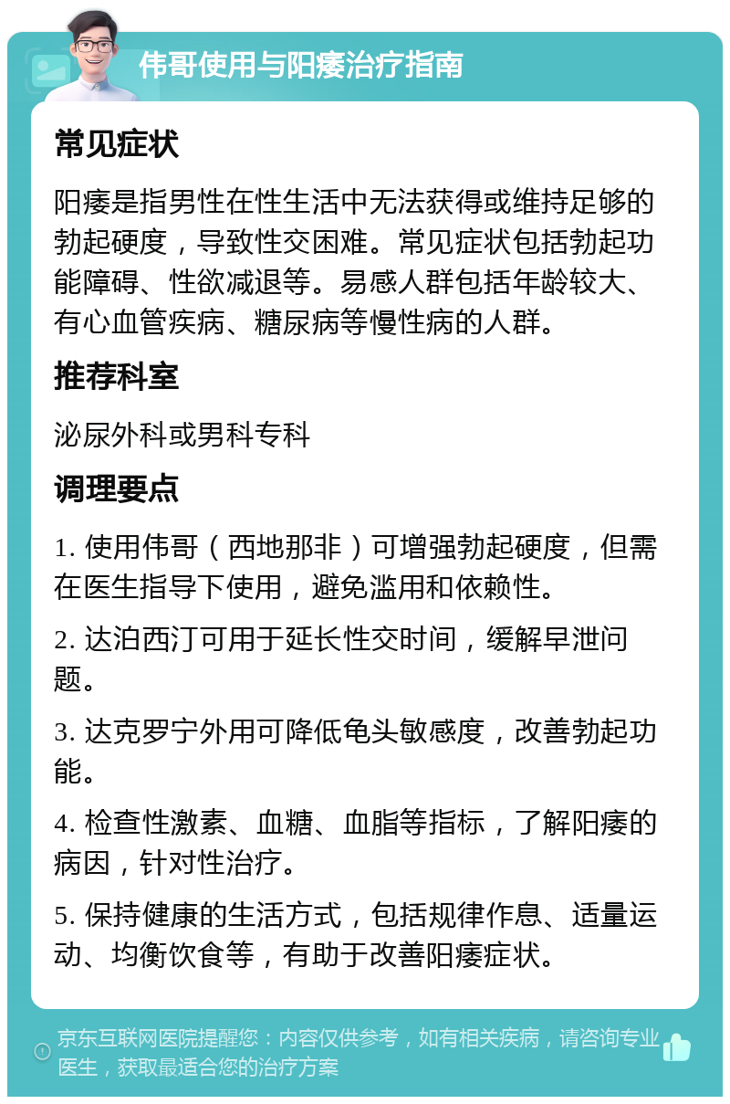 伟哥使用与阳痿治疗指南 常见症状 阳痿是指男性在性生活中无法获得或维持足够的勃起硬度，导致性交困难。常见症状包括勃起功能障碍、性欲减退等。易感人群包括年龄较大、有心血管疾病、糖尿病等慢性病的人群。 推荐科室 泌尿外科或男科专科 调理要点 1. 使用伟哥（西地那非）可增强勃起硬度，但需在医生指导下使用，避免滥用和依赖性。 2. 达泊西汀可用于延长性交时间，缓解早泄问题。 3. 达克罗宁外用可降低龟头敏感度，改善勃起功能。 4. 检查性激素、血糖、血脂等指标，了解阳痿的病因，针对性治疗。 5. 保持健康的生活方式，包括规律作息、适量运动、均衡饮食等，有助于改善阳痿症状。