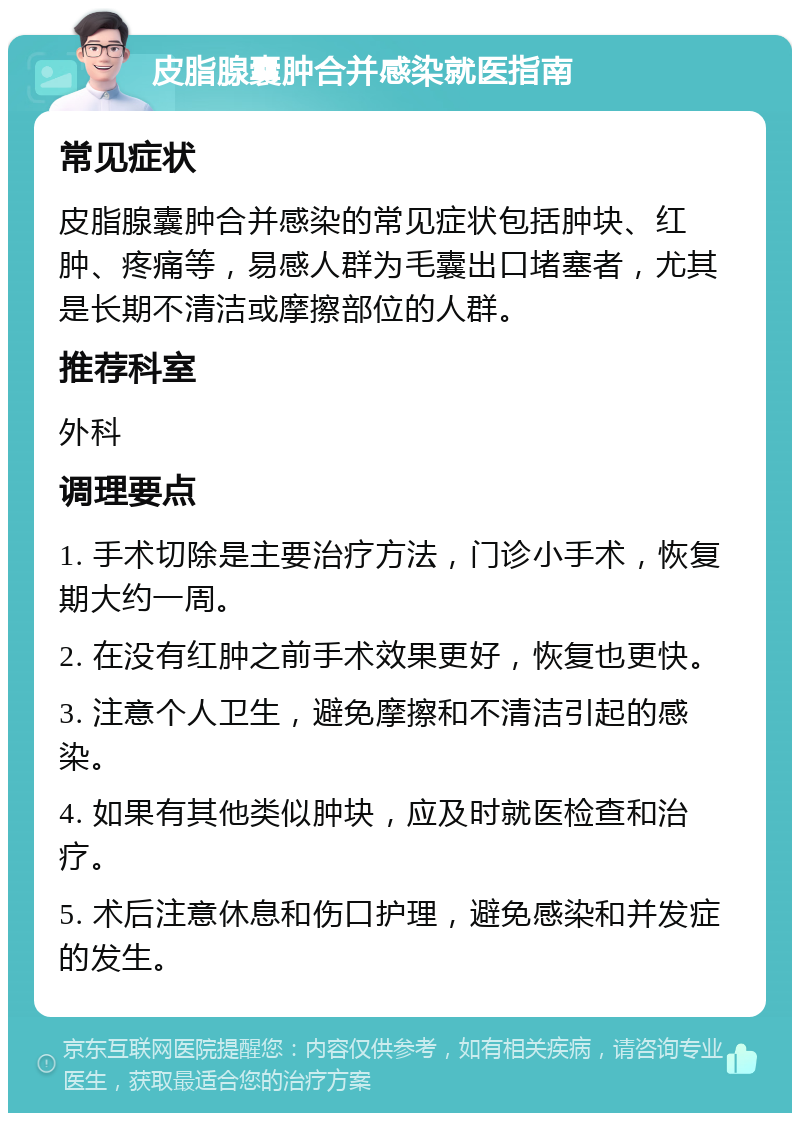 皮脂腺囊肿合并感染就医指南 常见症状 皮脂腺囊肿合并感染的常见症状包括肿块、红肿、疼痛等，易感人群为毛囊出口堵塞者，尤其是长期不清洁或摩擦部位的人群。 推荐科室 外科 调理要点 1. 手术切除是主要治疗方法，门诊小手术，恢复期大约一周。 2. 在没有红肿之前手术效果更好，恢复也更快。 3. 注意个人卫生，避免摩擦和不清洁引起的感染。 4. 如果有其他类似肿块，应及时就医检查和治疗。 5. 术后注意休息和伤口护理，避免感染和并发症的发生。