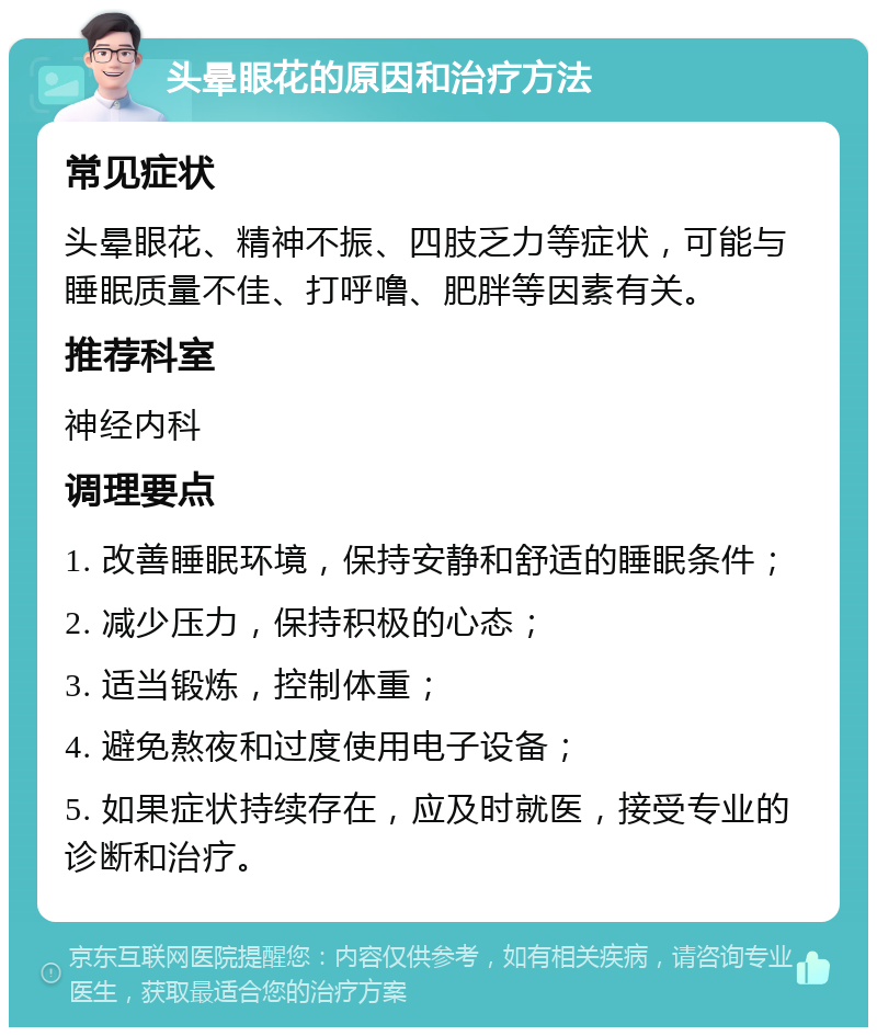 头晕眼花的原因和治疗方法 常见症状 头晕眼花、精神不振、四肢乏力等症状，可能与睡眠质量不佳、打呼噜、肥胖等因素有关。 推荐科室 神经内科 调理要点 1. 改善睡眠环境，保持安静和舒适的睡眠条件； 2. 减少压力，保持积极的心态； 3. 适当锻炼，控制体重； 4. 避免熬夜和过度使用电子设备； 5. 如果症状持续存在，应及时就医，接受专业的诊断和治疗。