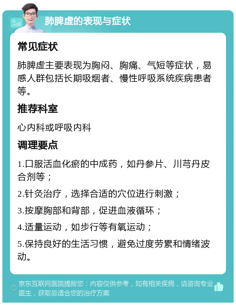 肺脾虚的表现与症状 常见症状 肺脾虚主要表现为胸闷、胸痛、气短等症状，易感人群包括长期吸烟者、慢性呼吸系统疾病患者等。 推荐科室 心内科或呼吸内科 调理要点 1.口服活血化瘀的中成药，如丹参片、川芎丹皮合剂等； 2.针灸治疗，选择合适的穴位进行刺激； 3.按摩胸部和背部，促进血液循环； 4.适量运动，如步行等有氧运动； 5.保持良好的生活习惯，避免过度劳累和情绪波动。