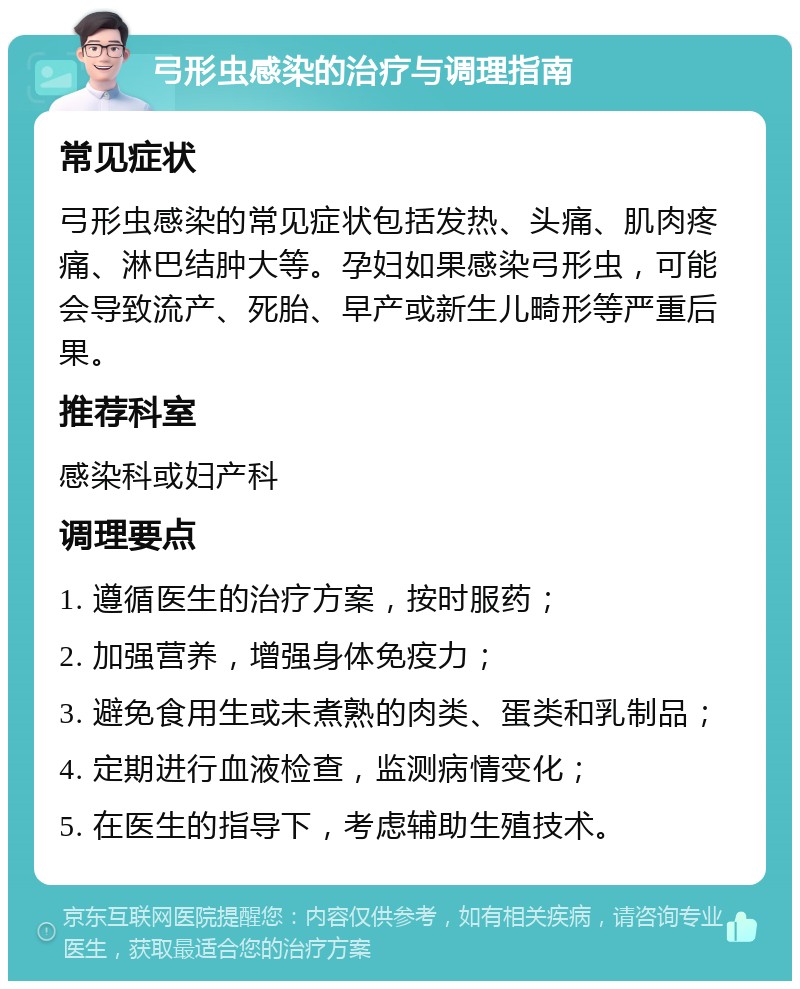 弓形虫感染的治疗与调理指南 常见症状 弓形虫感染的常见症状包括发热、头痛、肌肉疼痛、淋巴结肿大等。孕妇如果感染弓形虫，可能会导致流产、死胎、早产或新生儿畸形等严重后果。 推荐科室 感染科或妇产科 调理要点 1. 遵循医生的治疗方案，按时服药； 2. 加强营养，增强身体免疫力； 3. 避免食用生或未煮熟的肉类、蛋类和乳制品； 4. 定期进行血液检查，监测病情变化； 5. 在医生的指导下，考虑辅助生殖技术。