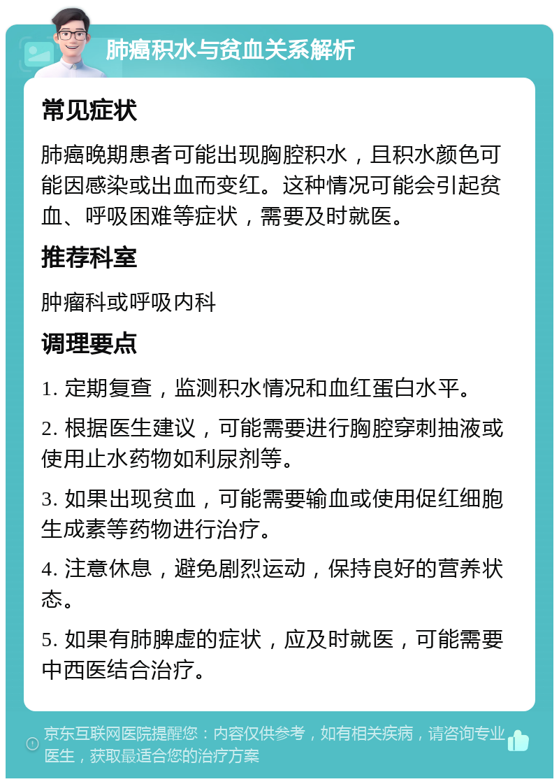 肺癌积水与贫血关系解析 常见症状 肺癌晚期患者可能出现胸腔积水，且积水颜色可能因感染或出血而变红。这种情况可能会引起贫血、呼吸困难等症状，需要及时就医。 推荐科室 肿瘤科或呼吸内科 调理要点 1. 定期复查，监测积水情况和血红蛋白水平。 2. 根据医生建议，可能需要进行胸腔穿刺抽液或使用止水药物如利尿剂等。 3. 如果出现贫血，可能需要输血或使用促红细胞生成素等药物进行治疗。 4. 注意休息，避免剧烈运动，保持良好的营养状态。 5. 如果有肺脾虚的症状，应及时就医，可能需要中西医结合治疗。