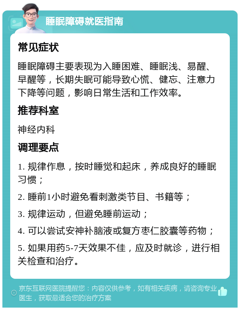 睡眠障碍就医指南 常见症状 睡眠障碍主要表现为入睡困难、睡眠浅、易醒、早醒等，长期失眠可能导致心慌、健忘、注意力下降等问题，影响日常生活和工作效率。 推荐科室 神经内科 调理要点 1. 规律作息，按时睡觉和起床，养成良好的睡眠习惯； 2. 睡前1小时避免看刺激类节目、书籍等； 3. 规律运动，但避免睡前运动； 4. 可以尝试安神补脑液或复方枣仁胶囊等药物； 5. 如果用药5-7天效果不佳，应及时就诊，进行相关检查和治疗。