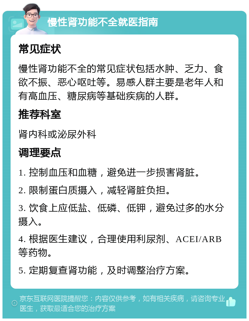 慢性肾功能不全就医指南 常见症状 慢性肾功能不全的常见症状包括水肿、乏力、食欲不振、恶心呕吐等。易感人群主要是老年人和有高血压、糖尿病等基础疾病的人群。 推荐科室 肾内科或泌尿外科 调理要点 1. 控制血压和血糖，避免进一步损害肾脏。 2. 限制蛋白质摄入，减轻肾脏负担。 3. 饮食上应低盐、低磷、低钾，避免过多的水分摄入。 4. 根据医生建议，合理使用利尿剂、ACEI/ARB等药物。 5. 定期复查肾功能，及时调整治疗方案。