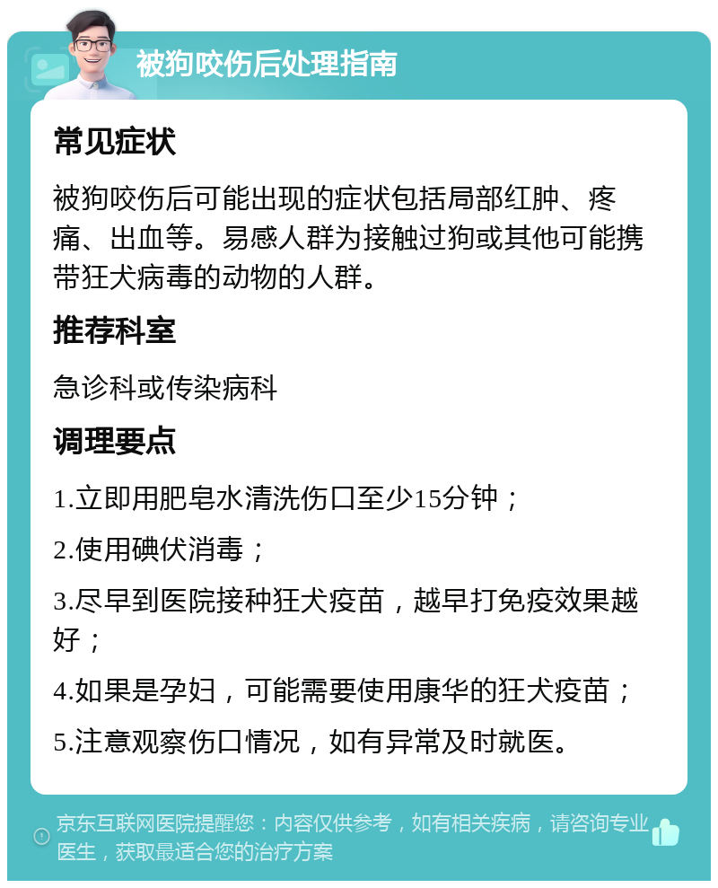 被狗咬伤后处理指南 常见症状 被狗咬伤后可能出现的症状包括局部红肿、疼痛、出血等。易感人群为接触过狗或其他可能携带狂犬病毒的动物的人群。 推荐科室 急诊科或传染病科 调理要点 1.立即用肥皂水清洗伤口至少15分钟； 2.使用碘伏消毒； 3.尽早到医院接种狂犬疫苗，越早打免疫效果越好； 4.如果是孕妇，可能需要使用康华的狂犬疫苗； 5.注意观察伤口情况，如有异常及时就医。