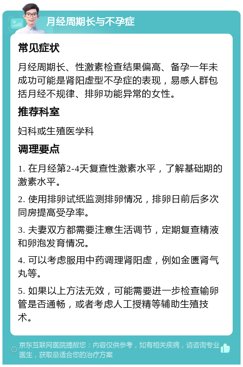 月经周期长与不孕症 常见症状 月经周期长、性激素检查结果偏高、备孕一年未成功可能是肾阳虚型不孕症的表现，易感人群包括月经不规律、排卵功能异常的女性。 推荐科室 妇科或生殖医学科 调理要点 1. 在月经第2-4天复查性激素水平，了解基础期的激素水平。 2. 使用排卵试纸监测排卵情况，排卵日前后多次同房提高受孕率。 3. 夫妻双方都需要注意生活调节，定期复查精液和卵泡发育情况。 4. 可以考虑服用中药调理肾阳虚，例如金匮肾气丸等。 5. 如果以上方法无效，可能需要进一步检查输卵管是否通畅，或者考虑人工授精等辅助生殖技术。