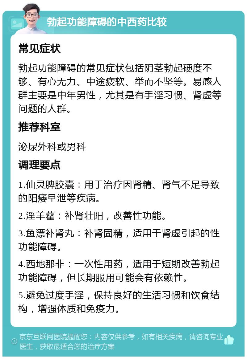 勃起功能障碍的中西药比较 常见症状 勃起功能障碍的常见症状包括阴茎勃起硬度不够、有心无力、中途疲软、举而不坚等。易感人群主要是中年男性，尤其是有手淫习惯、肾虚等问题的人群。 推荐科室 泌尿外科或男科 调理要点 1.仙灵脾胶囊：用于治疗因肾精、肾气不足导致的阳痿早泄等疾病。 2.淫羊藿：补肾壮阳，改善性功能。 3.鱼漂补肾丸：补肾固精，适用于肾虚引起的性功能障碍。 4.西地那非：一次性用药，适用于短期改善勃起功能障碍，但长期服用可能会有依赖性。 5.避免过度手淫，保持良好的生活习惯和饮食结构，增强体质和免疫力。