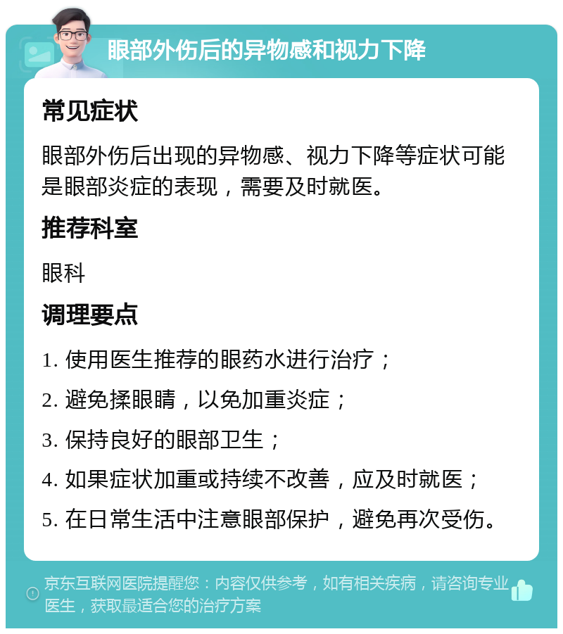 眼部外伤后的异物感和视力下降 常见症状 眼部外伤后出现的异物感、视力下降等症状可能是眼部炎症的表现，需要及时就医。 推荐科室 眼科 调理要点 1. 使用医生推荐的眼药水进行治疗； 2. 避免揉眼睛，以免加重炎症； 3. 保持良好的眼部卫生； 4. 如果症状加重或持续不改善，应及时就医； 5. 在日常生活中注意眼部保护，避免再次受伤。