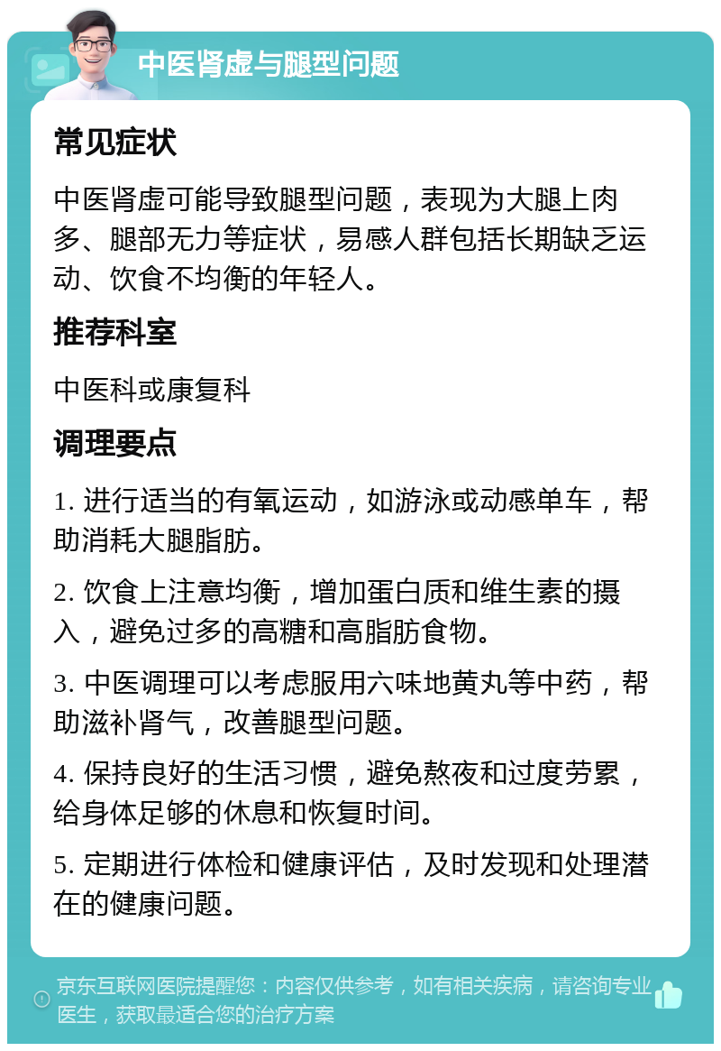 中医肾虚与腿型问题 常见症状 中医肾虚可能导致腿型问题，表现为大腿上肉多、腿部无力等症状，易感人群包括长期缺乏运动、饮食不均衡的年轻人。 推荐科室 中医科或康复科 调理要点 1. 进行适当的有氧运动，如游泳或动感单车，帮助消耗大腿脂肪。 2. 饮食上注意均衡，增加蛋白质和维生素的摄入，避免过多的高糖和高脂肪食物。 3. 中医调理可以考虑服用六味地黄丸等中药，帮助滋补肾气，改善腿型问题。 4. 保持良好的生活习惯，避免熬夜和过度劳累，给身体足够的休息和恢复时间。 5. 定期进行体检和健康评估，及时发现和处理潜在的健康问题。