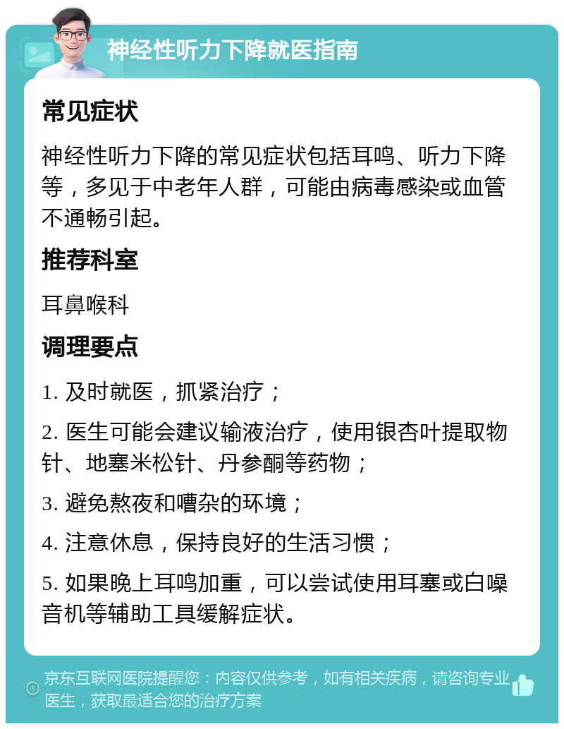 神经性听力下降就医指南 常见症状 神经性听力下降的常见症状包括耳鸣、听力下降等，多见于中老年人群，可能由病毒感染或血管不通畅引起。 推荐科室 耳鼻喉科 调理要点 1. 及时就医，抓紧治疗； 2. 医生可能会建议输液治疗，使用银杏叶提取物针、地塞米松针、丹参酮等药物； 3. 避免熬夜和嘈杂的环境； 4. 注意休息，保持良好的生活习惯； 5. 如果晚上耳鸣加重，可以尝试使用耳塞或白噪音机等辅助工具缓解症状。