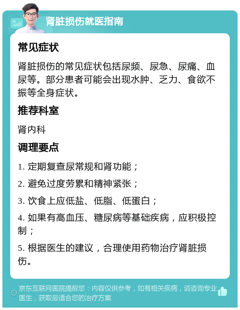 肾脏损伤就医指南 常见症状 肾脏损伤的常见症状包括尿频、尿急、尿痛、血尿等。部分患者可能会出现水肿、乏力、食欲不振等全身症状。 推荐科室 肾内科 调理要点 1. 定期复查尿常规和肾功能； 2. 避免过度劳累和精神紧张； 3. 饮食上应低盐、低脂、低蛋白； 4. 如果有高血压、糖尿病等基础疾病，应积极控制； 5. 根据医生的建议，合理使用药物治疗肾脏损伤。