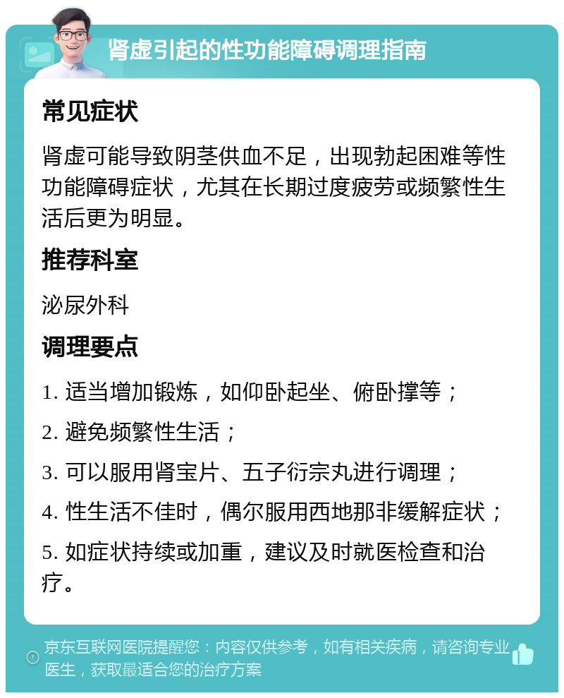 肾虚引起的性功能障碍调理指南 常见症状 肾虚可能导致阴茎供血不足，出现勃起困难等性功能障碍症状，尤其在长期过度疲劳或频繁性生活后更为明显。 推荐科室 泌尿外科 调理要点 1. 适当增加锻炼，如仰卧起坐、俯卧撑等； 2. 避免频繁性生活； 3. 可以服用肾宝片、五子衍宗丸进行调理； 4. 性生活不佳时，偶尔服用西地那非缓解症状； 5. 如症状持续或加重，建议及时就医检查和治疗。