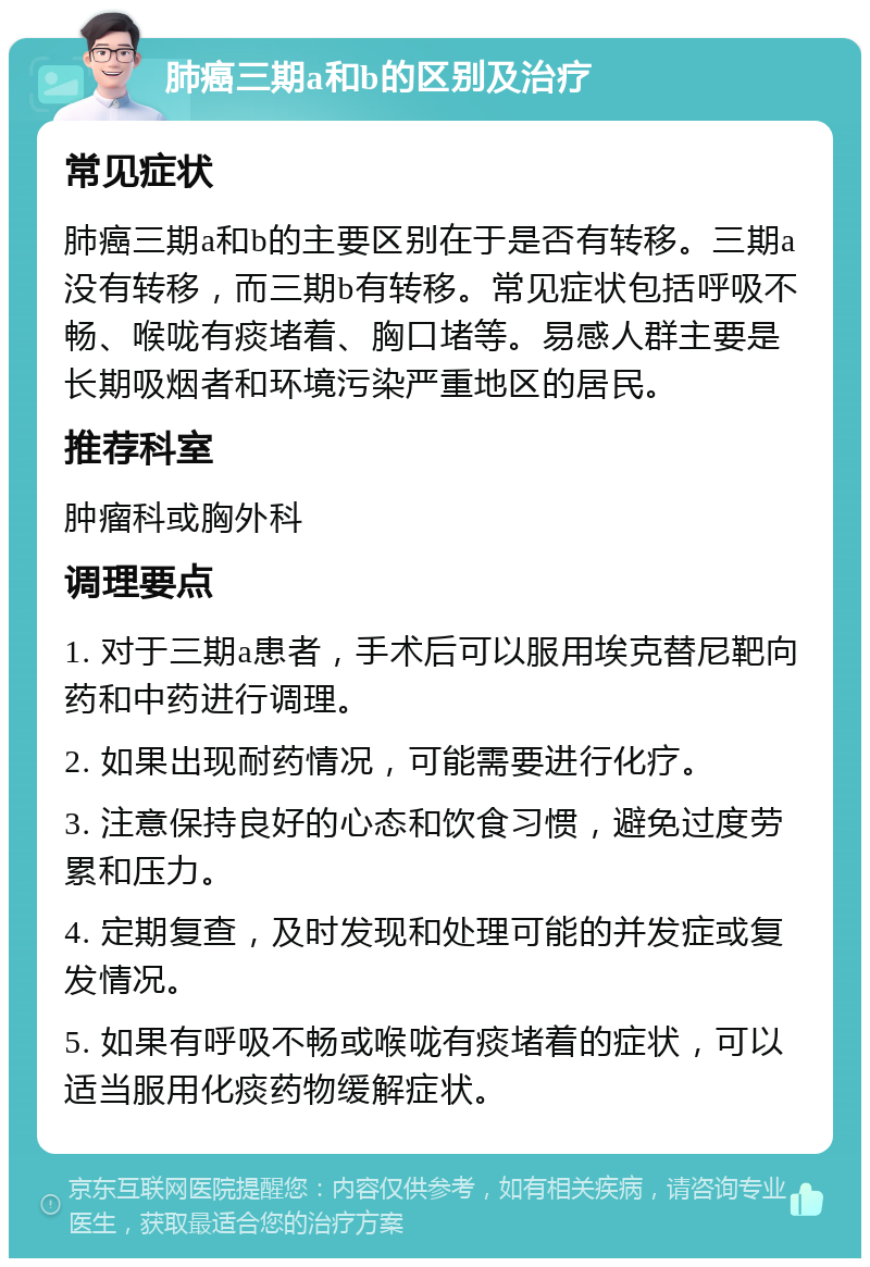 肺癌三期a和b的区别及治疗 常见症状 肺癌三期a和b的主要区别在于是否有转移。三期a没有转移，而三期b有转移。常见症状包括呼吸不畅、喉咙有痰堵着、胸口堵等。易感人群主要是长期吸烟者和环境污染严重地区的居民。 推荐科室 肿瘤科或胸外科 调理要点 1. 对于三期a患者，手术后可以服用埃克替尼靶向药和中药进行调理。 2. 如果出现耐药情况，可能需要进行化疗。 3. 注意保持良好的心态和饮食习惯，避免过度劳累和压力。 4. 定期复查，及时发现和处理可能的并发症或复发情况。 5. 如果有呼吸不畅或喉咙有痰堵着的症状，可以适当服用化痰药物缓解症状。