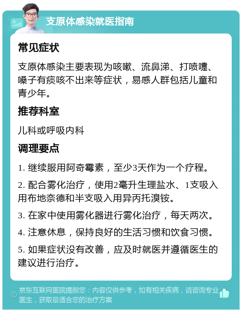 支原体感染就医指南 常见症状 支原体感染主要表现为咳嗽、流鼻涕、打喷嚏、嗓子有痰咳不出来等症状，易感人群包括儿童和青少年。 推荐科室 儿科或呼吸内科 调理要点 1. 继续服用阿奇霉素，至少3天作为一个疗程。 2. 配合雾化治疗，使用2毫升生理盐水、1支吸入用布地奈德和半支吸入用异丙托溴铵。 3. 在家中使用雾化器进行雾化治疗，每天两次。 4. 注意休息，保持良好的生活习惯和饮食习惯。 5. 如果症状没有改善，应及时就医并遵循医生的建议进行治疗。