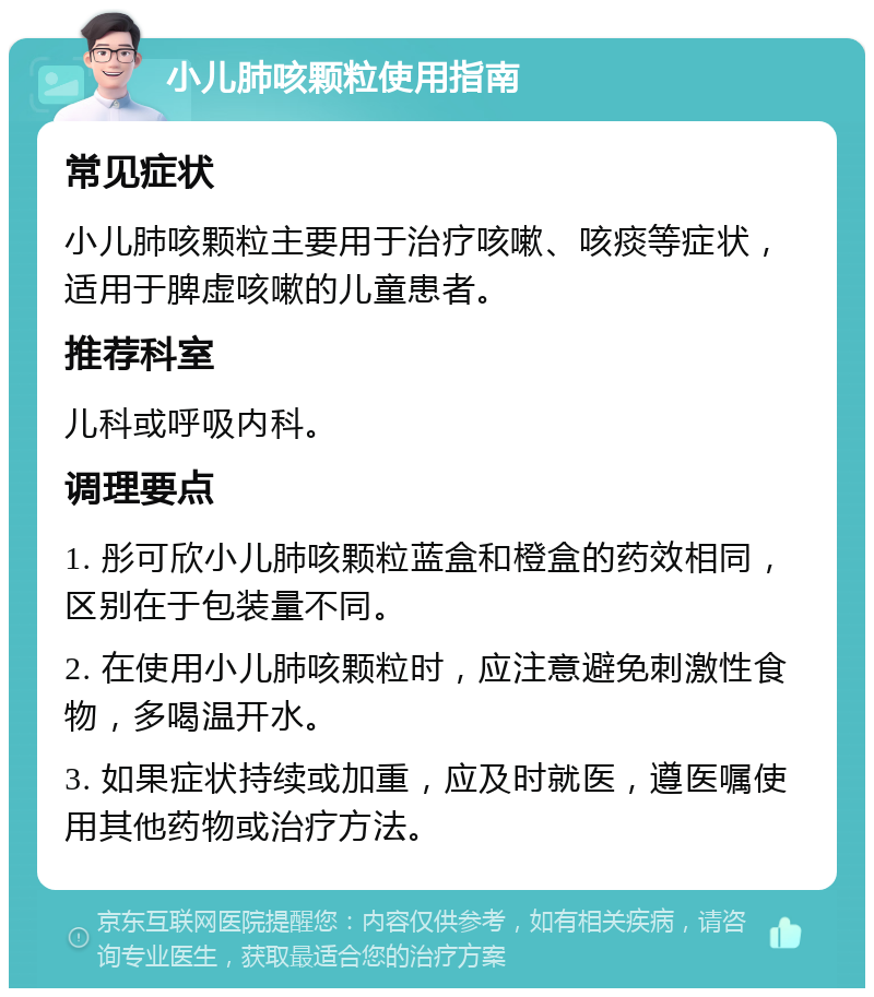 小儿肺咳颗粒使用指南 常见症状 小儿肺咳颗粒主要用于治疗咳嗽、咳痰等症状，适用于脾虚咳嗽的儿童患者。 推荐科室 儿科或呼吸内科。 调理要点 1. 彤可欣小儿肺咳颗粒蓝盒和橙盒的药效相同，区别在于包装量不同。 2. 在使用小儿肺咳颗粒时，应注意避免刺激性食物，多喝温开水。 3. 如果症状持续或加重，应及时就医，遵医嘱使用其他药物或治疗方法。