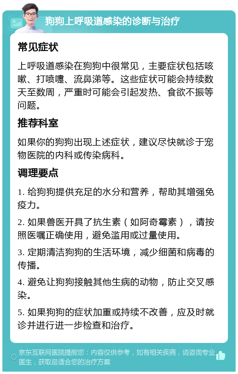 狗狗上呼吸道感染的诊断与治疗 常见症状 上呼吸道感染在狗狗中很常见，主要症状包括咳嗽、打喷嚏、流鼻涕等。这些症状可能会持续数天至数周，严重时可能会引起发热、食欲不振等问题。 推荐科室 如果你的狗狗出现上述症状，建议尽快就诊于宠物医院的内科或传染病科。 调理要点 1. 给狗狗提供充足的水分和营养，帮助其增强免疫力。 2. 如果兽医开具了抗生素（如阿奇霉素），请按照医嘱正确使用，避免滥用或过量使用。 3. 定期清洁狗狗的生活环境，减少细菌和病毒的传播。 4. 避免让狗狗接触其他生病的动物，防止交叉感染。 5. 如果狗狗的症状加重或持续不改善，应及时就诊并进行进一步检查和治疗。