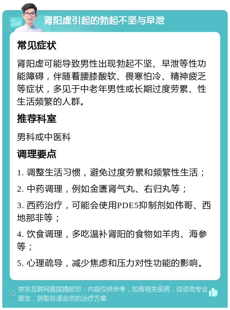 肾阳虚引起的勃起不坚与早泄 常见症状 肾阳虚可能导致男性出现勃起不坚、早泄等性功能障碍，伴随着腰膝酸软、畏寒怕冷、精神疲乏等症状，多见于中老年男性或长期过度劳累、性生活频繁的人群。 推荐科室 男科或中医科 调理要点 1. 调整生活习惯，避免过度劳累和频繁性生活； 2. 中药调理，例如金匮肾气丸、右归丸等； 3. 西药治疗，可能会使用PDE5抑制剂如伟哥、西地那非等； 4. 饮食调理，多吃温补肾阳的食物如羊肉、海参等； 5. 心理疏导，减少焦虑和压力对性功能的影响。