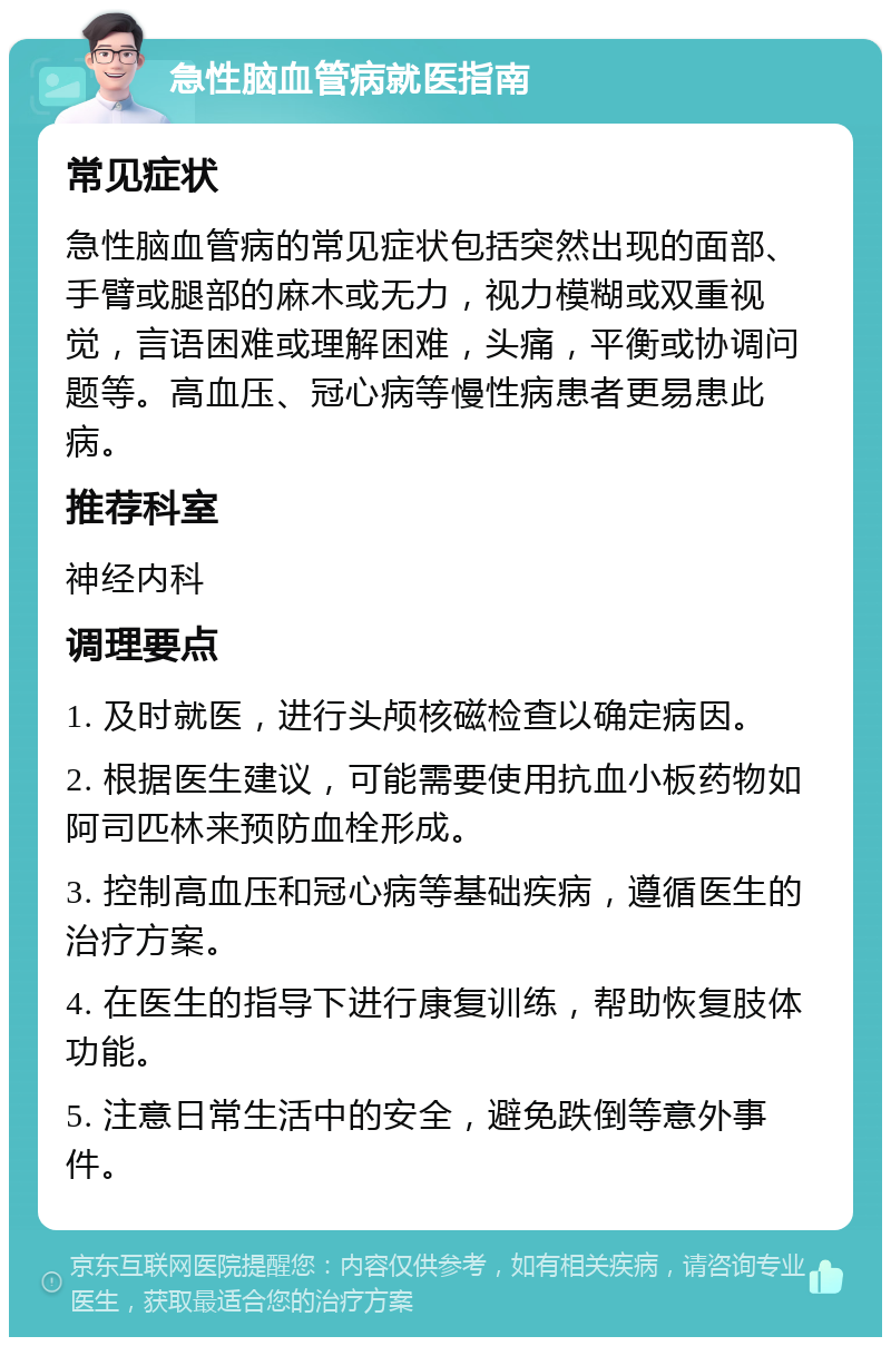 急性脑血管病就医指南 常见症状 急性脑血管病的常见症状包括突然出现的面部、手臂或腿部的麻木或无力，视力模糊或双重视觉，言语困难或理解困难，头痛，平衡或协调问题等。高血压、冠心病等慢性病患者更易患此病。 推荐科室 神经内科 调理要点 1. 及时就医，进行头颅核磁检查以确定病因。 2. 根据医生建议，可能需要使用抗血小板药物如阿司匹林来预防血栓形成。 3. 控制高血压和冠心病等基础疾病，遵循医生的治疗方案。 4. 在医生的指导下进行康复训练，帮助恢复肢体功能。 5. 注意日常生活中的安全，避免跌倒等意外事件。