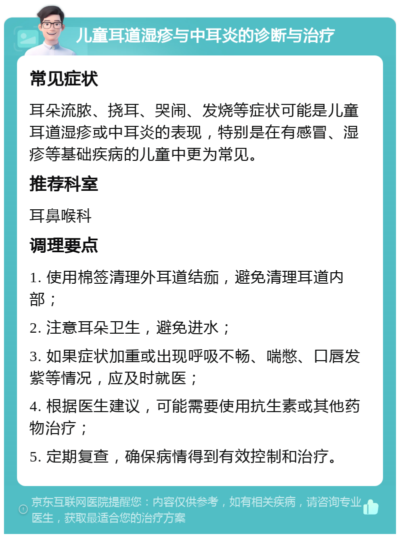 儿童耳道湿疹与中耳炎的诊断与治疗 常见症状 耳朵流脓、挠耳、哭闹、发烧等症状可能是儿童耳道湿疹或中耳炎的表现，特别是在有感冒、湿疹等基础疾病的儿童中更为常见。 推荐科室 耳鼻喉科 调理要点 1. 使用棉签清理外耳道结痂，避免清理耳道内部； 2. 注意耳朵卫生，避免进水； 3. 如果症状加重或出现呼吸不畅、喘憋、口唇发紫等情况，应及时就医； 4. 根据医生建议，可能需要使用抗生素或其他药物治疗； 5. 定期复查，确保病情得到有效控制和治疗。