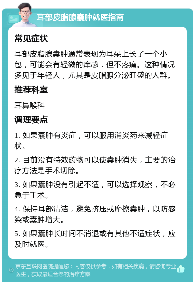 耳部皮脂腺囊肿就医指南 常见症状 耳部皮脂腺囊肿通常表现为耳朵上长了一个小包，可能会有轻微的痒感，但不疼痛。这种情况多见于年轻人，尤其是皮脂腺分泌旺盛的人群。 推荐科室 耳鼻喉科 调理要点 1. 如果囊肿有炎症，可以服用消炎药来减轻症状。 2. 目前没有特效药物可以使囊肿消失，主要的治疗方法是手术切除。 3. 如果囊肿没有引起不适，可以选择观察，不必急于手术。 4. 保持耳部清洁，避免挤压或摩擦囊肿，以防感染或囊肿增大。 5. 如果囊肿长时间不消退或有其他不适症状，应及时就医。