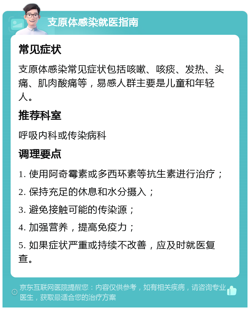 支原体感染就医指南 常见症状 支原体感染常见症状包括咳嗽、咳痰、发热、头痛、肌肉酸痛等，易感人群主要是儿童和年轻人。 推荐科室 呼吸内科或传染病科 调理要点 1. 使用阿奇霉素或多西环素等抗生素进行治疗； 2. 保持充足的休息和水分摄入； 3. 避免接触可能的传染源； 4. 加强营养，提高免疫力； 5. 如果症状严重或持续不改善，应及时就医复查。