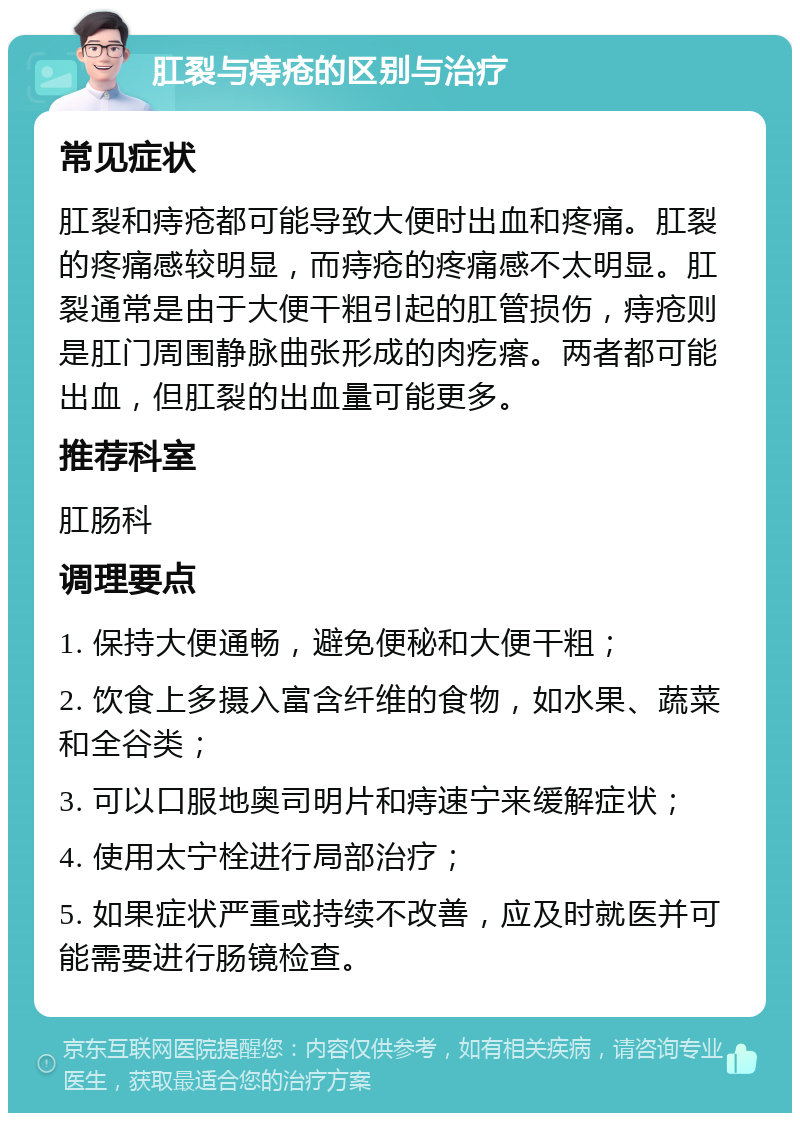 肛裂与痔疮的区别与治疗 常见症状 肛裂和痔疮都可能导致大便时出血和疼痛。肛裂的疼痛感较明显，而痔疮的疼痛感不太明显。肛裂通常是由于大便干粗引起的肛管损伤，痔疮则是肛门周围静脉曲张形成的肉疙瘩。两者都可能出血，但肛裂的出血量可能更多。 推荐科室 肛肠科 调理要点 1. 保持大便通畅，避免便秘和大便干粗； 2. 饮食上多摄入富含纤维的食物，如水果、蔬菜和全谷类； 3. 可以口服地奥司明片和痔速宁来缓解症状； 4. 使用太宁栓进行局部治疗； 5. 如果症状严重或持续不改善，应及时就医并可能需要进行肠镜检查。