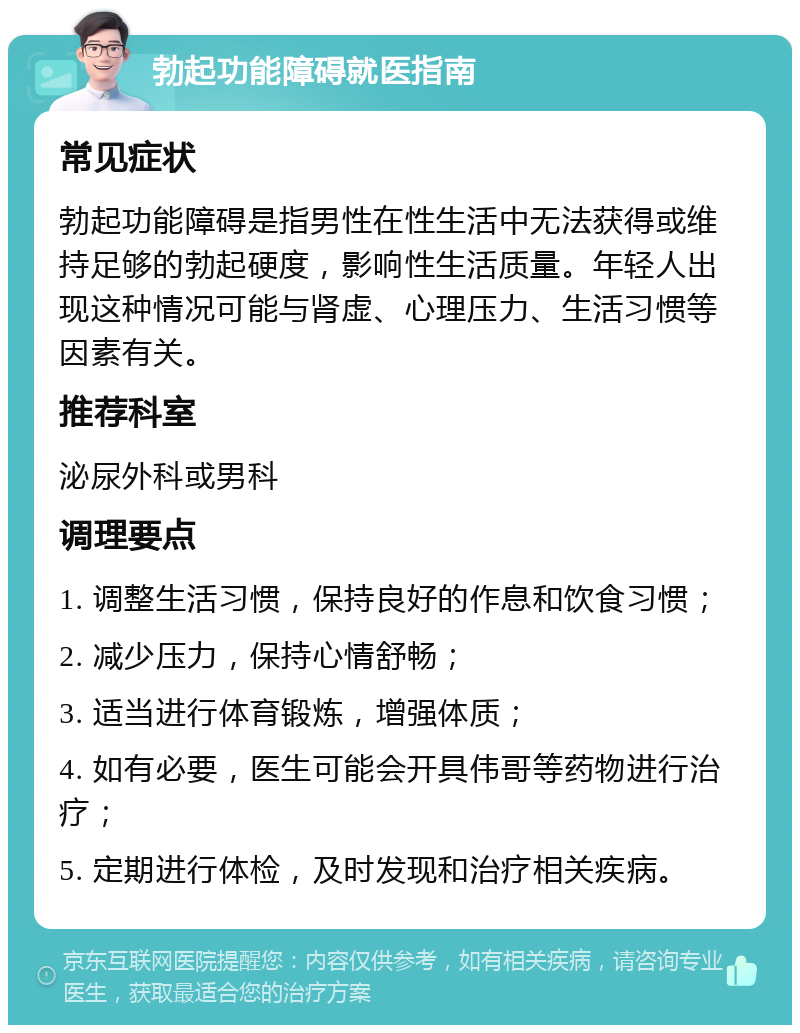 勃起功能障碍就医指南 常见症状 勃起功能障碍是指男性在性生活中无法获得或维持足够的勃起硬度，影响性生活质量。年轻人出现这种情况可能与肾虚、心理压力、生活习惯等因素有关。 推荐科室 泌尿外科或男科 调理要点 1. 调整生活习惯，保持良好的作息和饮食习惯； 2. 减少压力，保持心情舒畅； 3. 适当进行体育锻炼，增强体质； 4. 如有必要，医生可能会开具伟哥等药物进行治疗； 5. 定期进行体检，及时发现和治疗相关疾病。