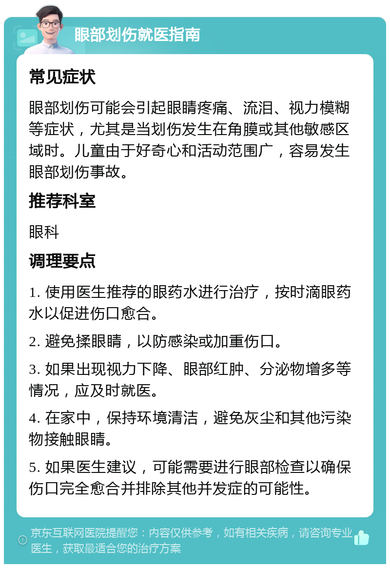 眼部划伤就医指南 常见症状 眼部划伤可能会引起眼睛疼痛、流泪、视力模糊等症状，尤其是当划伤发生在角膜或其他敏感区域时。儿童由于好奇心和活动范围广，容易发生眼部划伤事故。 推荐科室 眼科 调理要点 1. 使用医生推荐的眼药水进行治疗，按时滴眼药水以促进伤口愈合。 2. 避免揉眼睛，以防感染或加重伤口。 3. 如果出现视力下降、眼部红肿、分泌物增多等情况，应及时就医。 4. 在家中，保持环境清洁，避免灰尘和其他污染物接触眼睛。 5. 如果医生建议，可能需要进行眼部检查以确保伤口完全愈合并排除其他并发症的可能性。