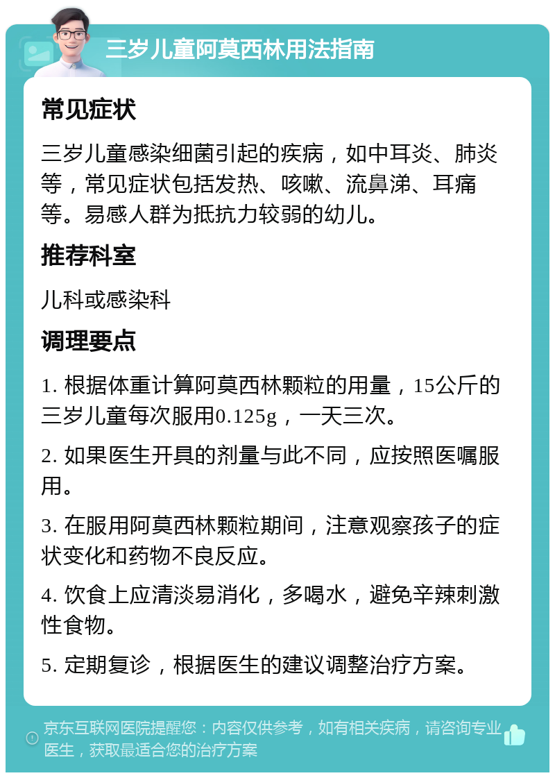 三岁儿童阿莫西林用法指南 常见症状 三岁儿童感染细菌引起的疾病，如中耳炎、肺炎等，常见症状包括发热、咳嗽、流鼻涕、耳痛等。易感人群为抵抗力较弱的幼儿。 推荐科室 儿科或感染科 调理要点 1. 根据体重计算阿莫西林颗粒的用量，15公斤的三岁儿童每次服用0.125g，一天三次。 2. 如果医生开具的剂量与此不同，应按照医嘱服用。 3. 在服用阿莫西林颗粒期间，注意观察孩子的症状变化和药物不良反应。 4. 饮食上应清淡易消化，多喝水，避免辛辣刺激性食物。 5. 定期复诊，根据医生的建议调整治疗方案。