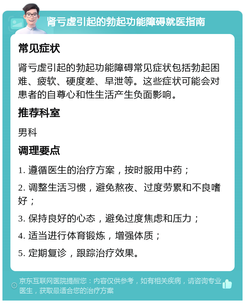 肾亏虚引起的勃起功能障碍就医指南 常见症状 肾亏虚引起的勃起功能障碍常见症状包括勃起困难、疲软、硬度差、早泄等。这些症状可能会对患者的自尊心和性生活产生负面影响。 推荐科室 男科 调理要点 1. 遵循医生的治疗方案，按时服用中药； 2. 调整生活习惯，避免熬夜、过度劳累和不良嗜好； 3. 保持良好的心态，避免过度焦虑和压力； 4. 适当进行体育锻炼，增强体质； 5. 定期复诊，跟踪治疗效果。