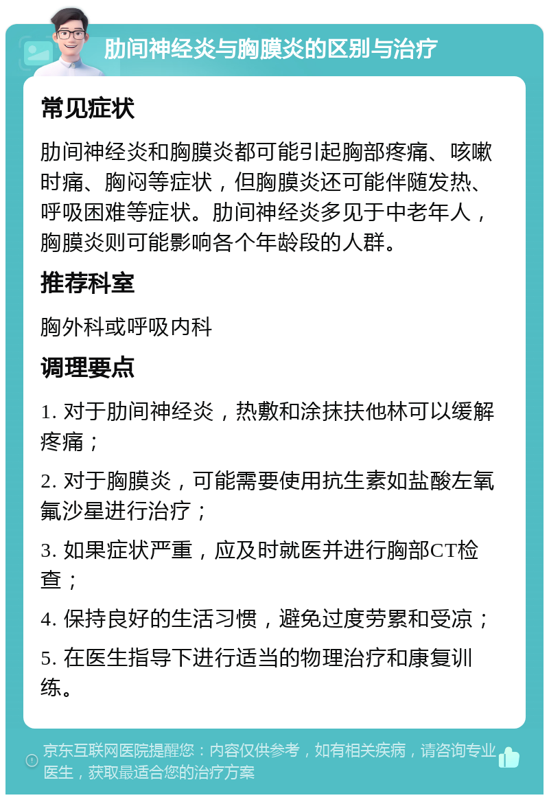 肋间神经炎与胸膜炎的区别与治疗 常见症状 肋间神经炎和胸膜炎都可能引起胸部疼痛、咳嗽时痛、胸闷等症状，但胸膜炎还可能伴随发热、呼吸困难等症状。肋间神经炎多见于中老年人，胸膜炎则可能影响各个年龄段的人群。 推荐科室 胸外科或呼吸内科 调理要点 1. 对于肋间神经炎，热敷和涂抹扶他林可以缓解疼痛； 2. 对于胸膜炎，可能需要使用抗生素如盐酸左氧氟沙星进行治疗； 3. 如果症状严重，应及时就医并进行胸部CT检查； 4. 保持良好的生活习惯，避免过度劳累和受凉； 5. 在医生指导下进行适当的物理治疗和康复训练。