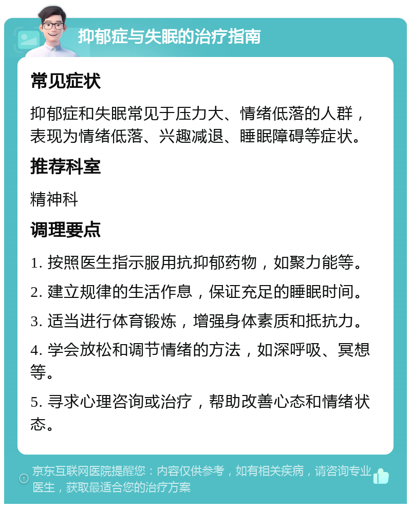 抑郁症与失眠的治疗指南 常见症状 抑郁症和失眠常见于压力大、情绪低落的人群，表现为情绪低落、兴趣减退、睡眠障碍等症状。 推荐科室 精神科 调理要点 1. 按照医生指示服用抗抑郁药物，如聚力能等。 2. 建立规律的生活作息，保证充足的睡眠时间。 3. 适当进行体育锻炼，增强身体素质和抵抗力。 4. 学会放松和调节情绪的方法，如深呼吸、冥想等。 5. 寻求心理咨询或治疗，帮助改善心态和情绪状态。