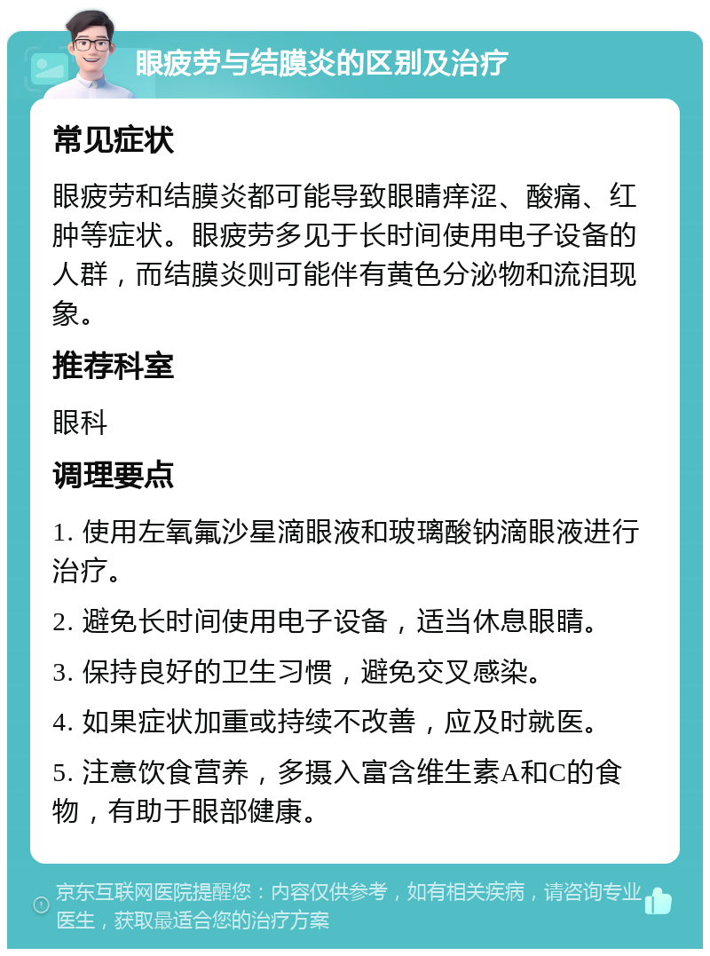 眼疲劳与结膜炎的区别及治疗 常见症状 眼疲劳和结膜炎都可能导致眼睛痒涩、酸痛、红肿等症状。眼疲劳多见于长时间使用电子设备的人群，而结膜炎则可能伴有黄色分泌物和流泪现象。 推荐科室 眼科 调理要点 1. 使用左氧氟沙星滴眼液和玻璃酸钠滴眼液进行治疗。 2. 避免长时间使用电子设备，适当休息眼睛。 3. 保持良好的卫生习惯，避免交叉感染。 4. 如果症状加重或持续不改善，应及时就医。 5. 注意饮食营养，多摄入富含维生素A和C的食物，有助于眼部健康。