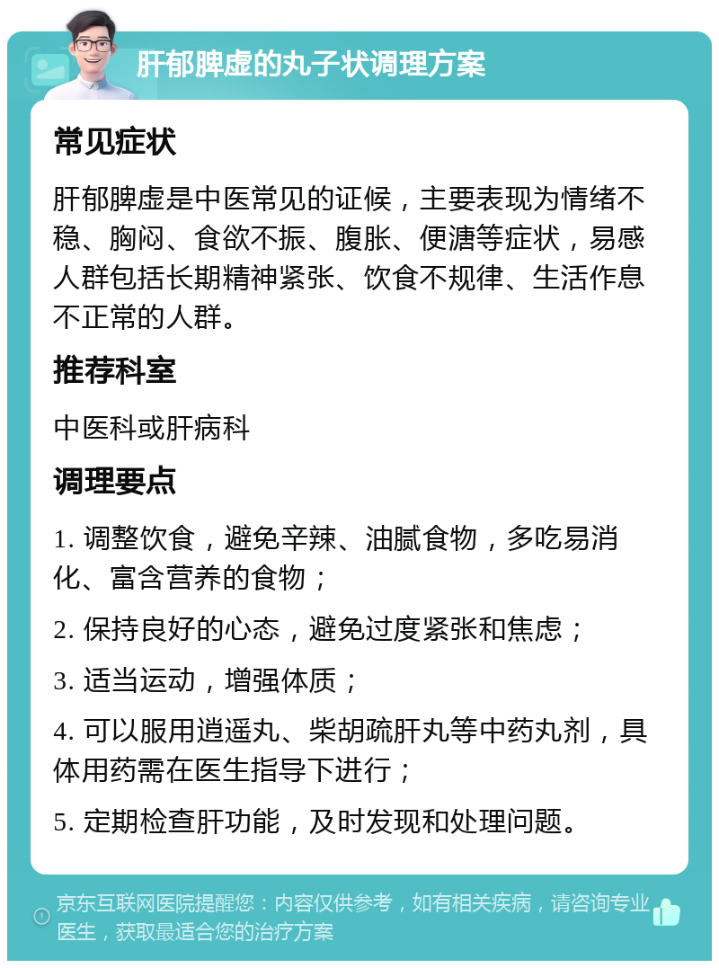 肝郁脾虚的丸子状调理方案 常见症状 肝郁脾虚是中医常见的证候，主要表现为情绪不稳、胸闷、食欲不振、腹胀、便溏等症状，易感人群包括长期精神紧张、饮食不规律、生活作息不正常的人群。 推荐科室 中医科或肝病科 调理要点 1. 调整饮食，避免辛辣、油腻食物，多吃易消化、富含营养的食物； 2. 保持良好的心态，避免过度紧张和焦虑； 3. 适当运动，增强体质； 4. 可以服用逍遥丸、柴胡疏肝丸等中药丸剂，具体用药需在医生指导下进行； 5. 定期检查肝功能，及时发现和处理问题。