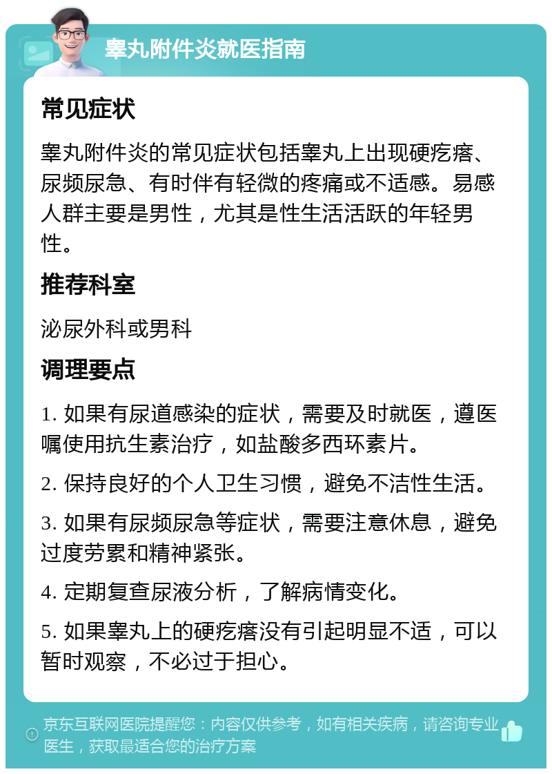 睾丸附件炎就医指南 常见症状 睾丸附件炎的常见症状包括睾丸上出现硬疙瘩、尿频尿急、有时伴有轻微的疼痛或不适感。易感人群主要是男性，尤其是性生活活跃的年轻男性。 推荐科室 泌尿外科或男科 调理要点 1. 如果有尿道感染的症状，需要及时就医，遵医嘱使用抗生素治疗，如盐酸多西环素片。 2. 保持良好的个人卫生习惯，避免不洁性生活。 3. 如果有尿频尿急等症状，需要注意休息，避免过度劳累和精神紧张。 4. 定期复查尿液分析，了解病情变化。 5. 如果睾丸上的硬疙瘩没有引起明显不适，可以暂时观察，不必过于担心。