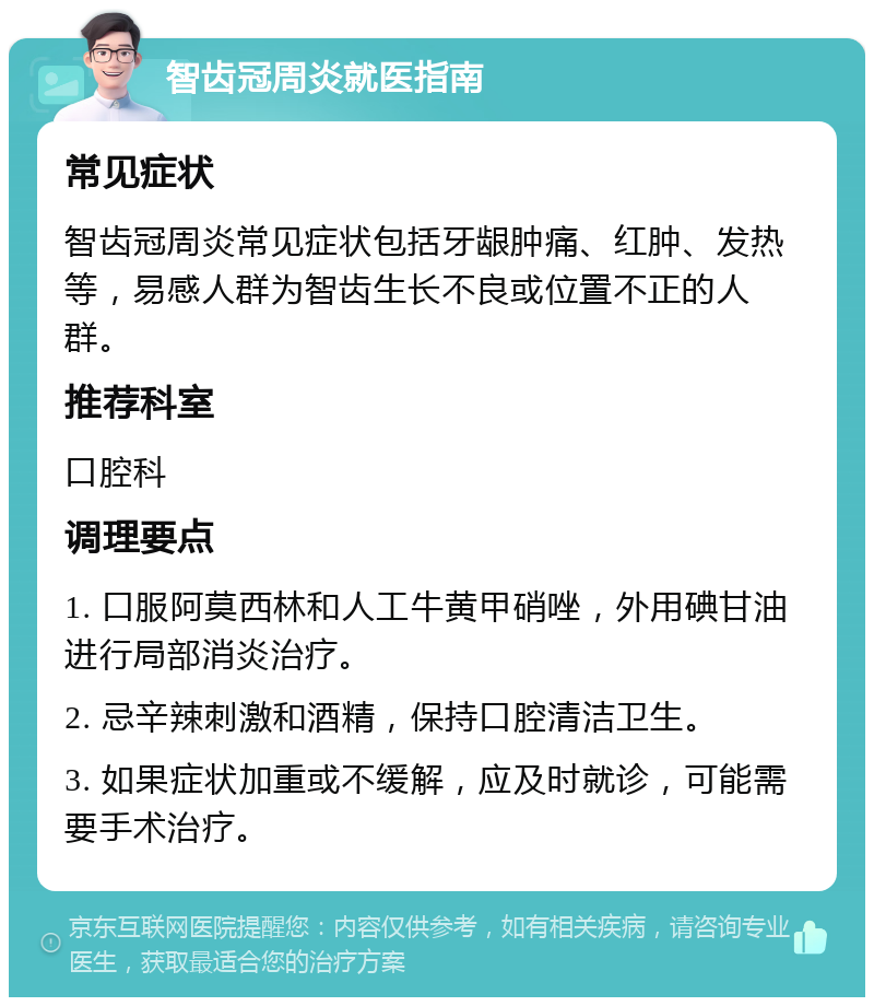 智齿冠周炎就医指南 常见症状 智齿冠周炎常见症状包括牙龈肿痛、红肿、发热等，易感人群为智齿生长不良或位置不正的人群。 推荐科室 口腔科 调理要点 1. 口服阿莫西林和人工牛黄甲硝唑，外用碘甘油进行局部消炎治疗。 2. 忌辛辣刺激和酒精，保持口腔清洁卫生。 3. 如果症状加重或不缓解，应及时就诊，可能需要手术治疗。