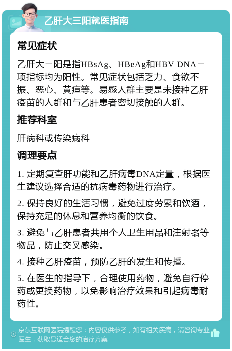 乙肝大三阳就医指南 常见症状 乙肝大三阳是指HBsAg、HBeAg和HBV DNA三项指标均为阳性。常见症状包括乏力、食欲不振、恶心、黄疸等。易感人群主要是未接种乙肝疫苗的人群和与乙肝患者密切接触的人群。 推荐科室 肝病科或传染病科 调理要点 1. 定期复查肝功能和乙肝病毒DNA定量，根据医生建议选择合适的抗病毒药物进行治疗。 2. 保持良好的生活习惯，避免过度劳累和饮酒，保持充足的休息和营养均衡的饮食。 3. 避免与乙肝患者共用个人卫生用品和注射器等物品，防止交叉感染。 4. 接种乙肝疫苗，预防乙肝的发生和传播。 5. 在医生的指导下，合理使用药物，避免自行停药或更换药物，以免影响治疗效果和引起病毒耐药性。