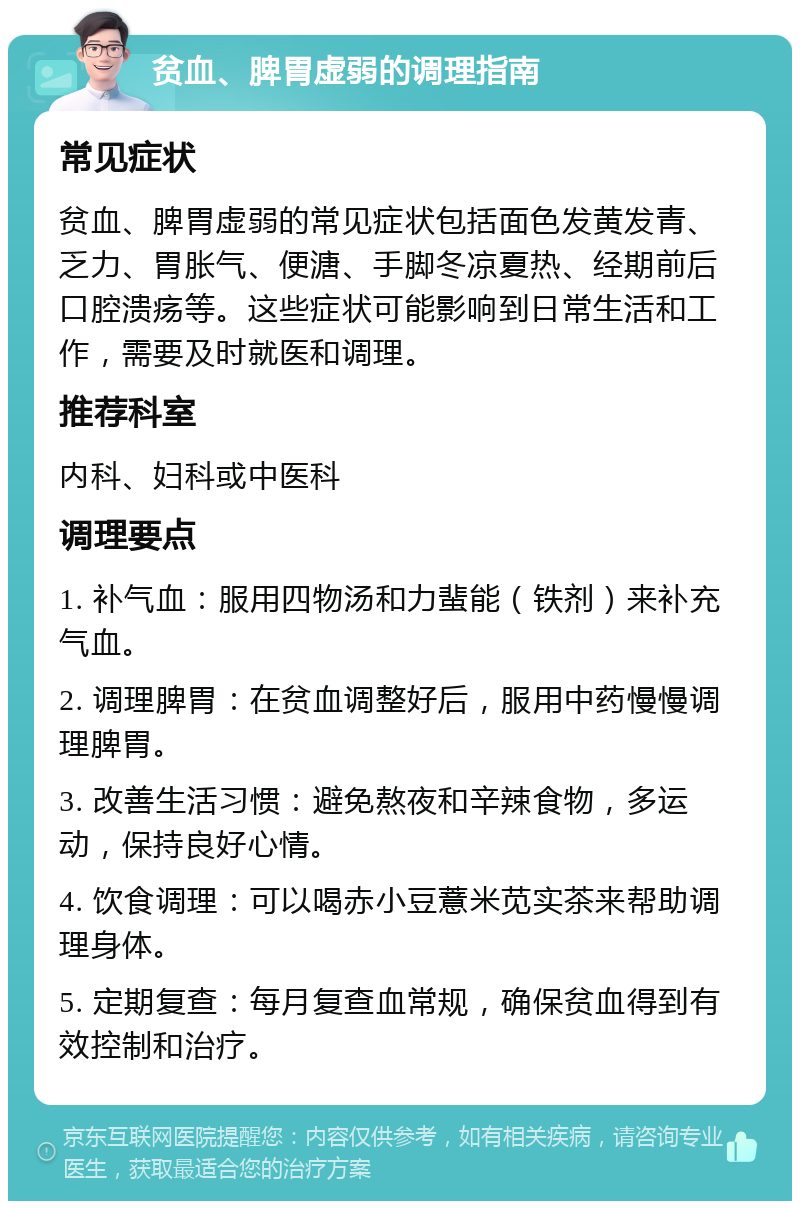 贫血、脾胃虚弱的调理指南 常见症状 贫血、脾胃虚弱的常见症状包括面色发黄发青、乏力、胃胀气、便溏、手脚冬凉夏热、经期前后口腔溃疡等。这些症状可能影响到日常生活和工作，需要及时就医和调理。 推荐科室 内科、妇科或中医科 调理要点 1. 补气血：服用四物汤和力蜚能（铁剂）来补充气血。 2. 调理脾胃：在贫血调整好后，服用中药慢慢调理脾胃。 3. 改善生活习惯：避免熬夜和辛辣食物，多运动，保持良好心情。 4. 饮食调理：可以喝赤小豆薏米苋实茶来帮助调理身体。 5. 定期复查：每月复查血常规，确保贫血得到有效控制和治疗。