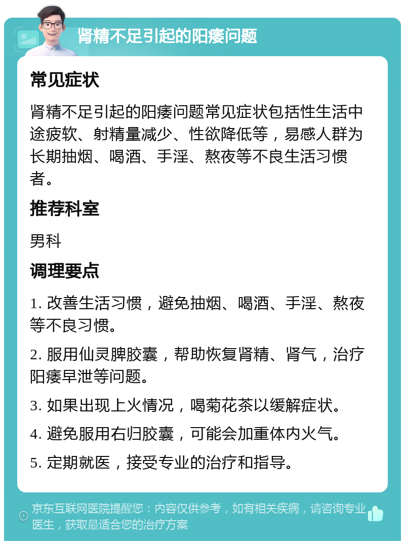 肾精不足引起的阳痿问题 常见症状 肾精不足引起的阳痿问题常见症状包括性生活中途疲软、射精量减少、性欲降低等，易感人群为长期抽烟、喝酒、手淫、熬夜等不良生活习惯者。 推荐科室 男科 调理要点 1. 改善生活习惯，避免抽烟、喝酒、手淫、熬夜等不良习惯。 2. 服用仙灵脾胶囊，帮助恢复肾精、肾气，治疗阳痿早泄等问题。 3. 如果出现上火情况，喝菊花茶以缓解症状。 4. 避免服用右归胶囊，可能会加重体内火气。 5. 定期就医，接受专业的治疗和指导。