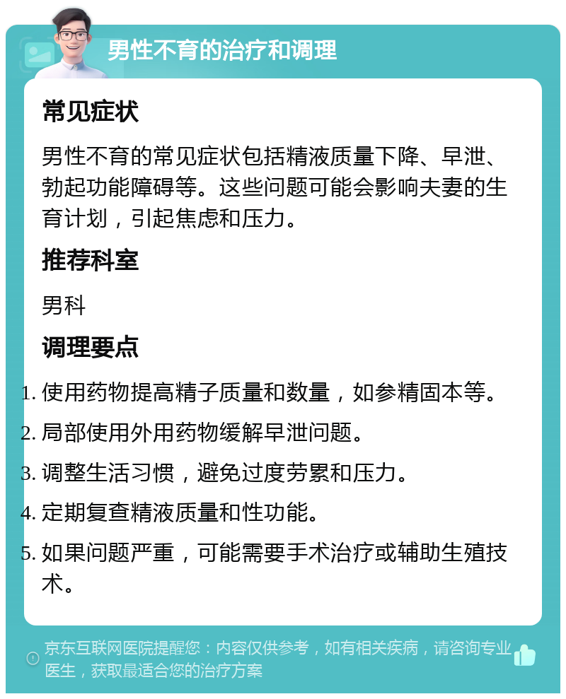 男性不育的治疗和调理 常见症状 男性不育的常见症状包括精液质量下降、早泄、勃起功能障碍等。这些问题可能会影响夫妻的生育计划，引起焦虑和压力。 推荐科室 男科 调理要点 使用药物提高精子质量和数量，如参精固本等。 局部使用外用药物缓解早泄问题。 调整生活习惯，避免过度劳累和压力。 定期复查精液质量和性功能。 如果问题严重，可能需要手术治疗或辅助生殖技术。