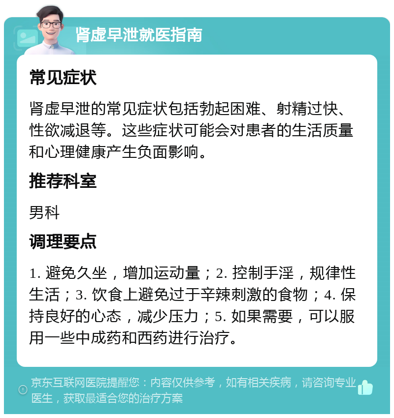 肾虚早泄就医指南 常见症状 肾虚早泄的常见症状包括勃起困难、射精过快、性欲减退等。这些症状可能会对患者的生活质量和心理健康产生负面影响。 推荐科室 男科 调理要点 1. 避免久坐，增加运动量；2. 控制手淫，规律性生活；3. 饮食上避免过于辛辣刺激的食物；4. 保持良好的心态，减少压力；5. 如果需要，可以服用一些中成药和西药进行治疗。