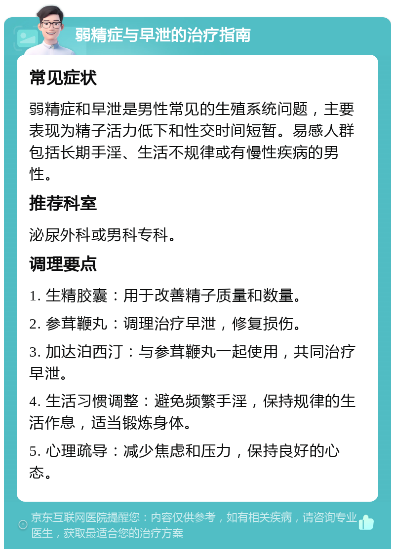 弱精症与早泄的治疗指南 常见症状 弱精症和早泄是男性常见的生殖系统问题，主要表现为精子活力低下和性交时间短暂。易感人群包括长期手淫、生活不规律或有慢性疾病的男性。 推荐科室 泌尿外科或男科专科。 调理要点 1. 生精胶囊：用于改善精子质量和数量。 2. 参茸鞭丸：调理治疗早泄，修复损伤。 3. 加达泊西汀：与参茸鞭丸一起使用，共同治疗早泄。 4. 生活习惯调整：避免频繁手淫，保持规律的生活作息，适当锻炼身体。 5. 心理疏导：减少焦虑和压力，保持良好的心态。