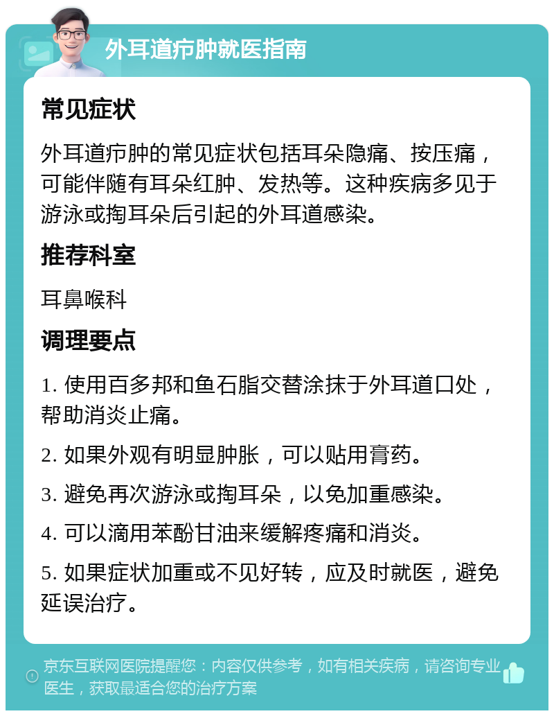 外耳道疖肿就医指南 常见症状 外耳道疖肿的常见症状包括耳朵隐痛、按压痛，可能伴随有耳朵红肿、发热等。这种疾病多见于游泳或掏耳朵后引起的外耳道感染。 推荐科室 耳鼻喉科 调理要点 1. 使用百多邦和鱼石脂交替涂抹于外耳道口处，帮助消炎止痛。 2. 如果外观有明显肿胀，可以贴用膏药。 3. 避免再次游泳或掏耳朵，以免加重感染。 4. 可以滴用苯酚甘油来缓解疼痛和消炎。 5. 如果症状加重或不见好转，应及时就医，避免延误治疗。