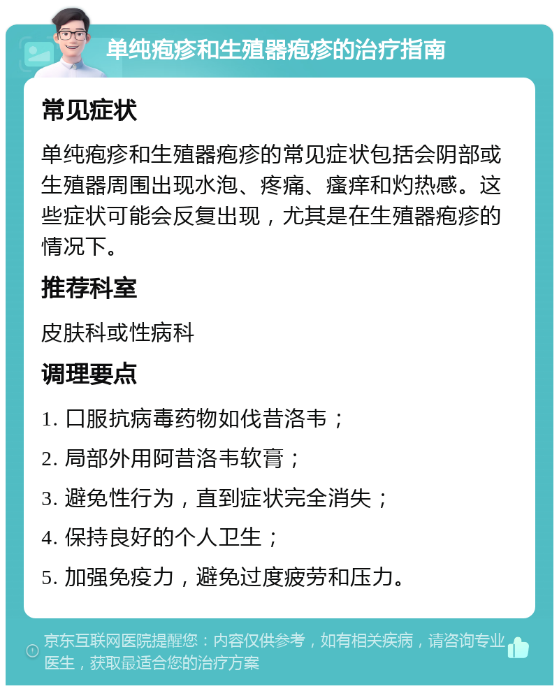 单纯疱疹和生殖器疱疹的治疗指南 常见症状 单纯疱疹和生殖器疱疹的常见症状包括会阴部或生殖器周围出现水泡、疼痛、瘙痒和灼热感。这些症状可能会反复出现，尤其是在生殖器疱疹的情况下。 推荐科室 皮肤科或性病科 调理要点 1. 口服抗病毒药物如伐昔洛韦； 2. 局部外用阿昔洛韦软膏； 3. 避免性行为，直到症状完全消失； 4. 保持良好的个人卫生； 5. 加强免疫力，避免过度疲劳和压力。