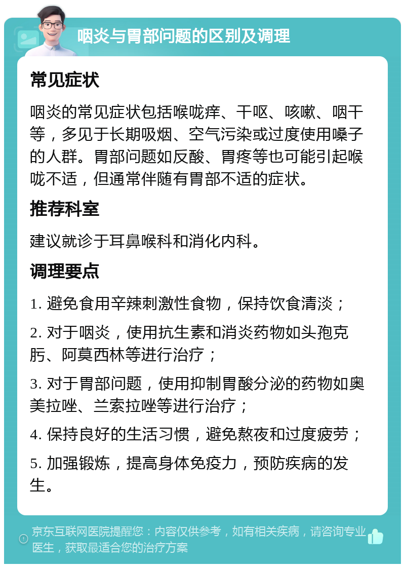 咽炎与胃部问题的区别及调理 常见症状 咽炎的常见症状包括喉咙痒、干呕、咳嗽、咽干等，多见于长期吸烟、空气污染或过度使用嗓子的人群。胃部问题如反酸、胃疼等也可能引起喉咙不适，但通常伴随有胃部不适的症状。 推荐科室 建议就诊于耳鼻喉科和消化内科。 调理要点 1. 避免食用辛辣刺激性食物，保持饮食清淡； 2. 对于咽炎，使用抗生素和消炎药物如头孢克肟、阿莫西林等进行治疗； 3. 对于胃部问题，使用抑制胃酸分泌的药物如奥美拉唑、兰索拉唑等进行治疗； 4. 保持良好的生活习惯，避免熬夜和过度疲劳； 5. 加强锻炼，提高身体免疫力，预防疾病的发生。