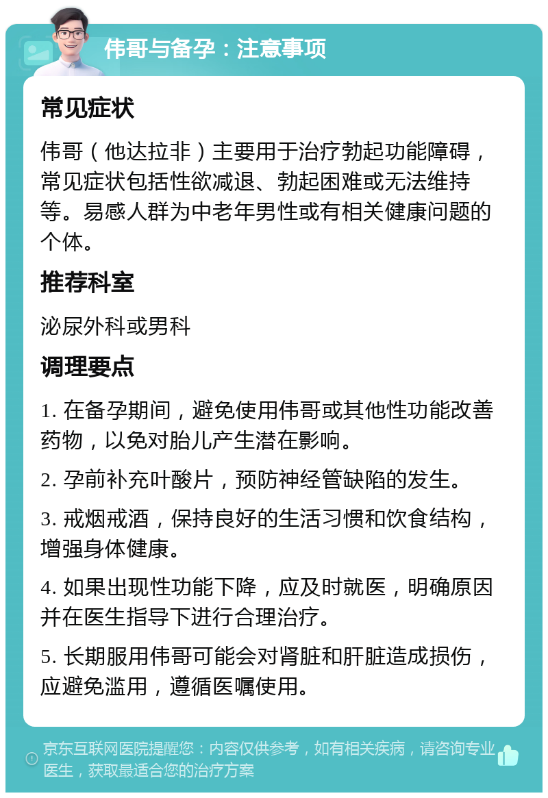 伟哥与备孕：注意事项 常见症状 伟哥（他达拉非）主要用于治疗勃起功能障碍，常见症状包括性欲减退、勃起困难或无法维持等。易感人群为中老年男性或有相关健康问题的个体。 推荐科室 泌尿外科或男科 调理要点 1. 在备孕期间，避免使用伟哥或其他性功能改善药物，以免对胎儿产生潜在影响。 2. 孕前补充叶酸片，预防神经管缺陷的发生。 3. 戒烟戒酒，保持良好的生活习惯和饮食结构，增强身体健康。 4. 如果出现性功能下降，应及时就医，明确原因并在医生指导下进行合理治疗。 5. 长期服用伟哥可能会对肾脏和肝脏造成损伤，应避免滥用，遵循医嘱使用。