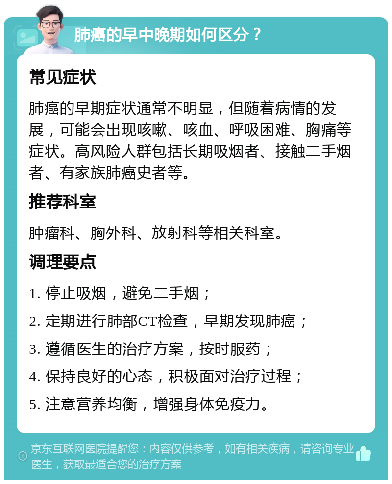 肺癌的早中晚期如何区分？ 常见症状 肺癌的早期症状通常不明显，但随着病情的发展，可能会出现咳嗽、咳血、呼吸困难、胸痛等症状。高风险人群包括长期吸烟者、接触二手烟者、有家族肺癌史者等。 推荐科室 肿瘤科、胸外科、放射科等相关科室。 调理要点 1. 停止吸烟，避免二手烟； 2. 定期进行肺部CT检查，早期发现肺癌； 3. 遵循医生的治疗方案，按时服药； 4. 保持良好的心态，积极面对治疗过程； 5. 注意营养均衡，增强身体免疫力。