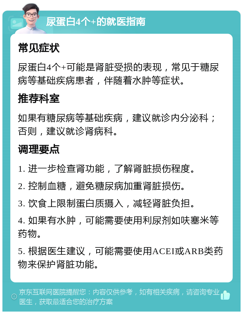 尿蛋白4个+的就医指南 常见症状 尿蛋白4个+可能是肾脏受损的表现，常见于糖尿病等基础疾病患者，伴随着水肿等症状。 推荐科室 如果有糖尿病等基础疾病，建议就诊内分泌科；否则，建议就诊肾病科。 调理要点 1. 进一步检查肾功能，了解肾脏损伤程度。 2. 控制血糖，避免糖尿病加重肾脏损伤。 3. 饮食上限制蛋白质摄入，减轻肾脏负担。 4. 如果有水肿，可能需要使用利尿剂如呋塞米等药物。 5. 根据医生建议，可能需要使用ACEI或ARB类药物来保护肾脏功能。