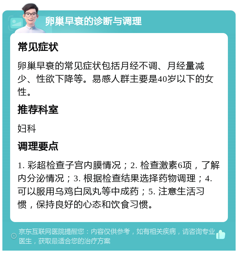 卵巢早衰的诊断与调理 常见症状 卵巢早衰的常见症状包括月经不调、月经量减少、性欲下降等。易感人群主要是40岁以下的女性。 推荐科室 妇科 调理要点 1. 彩超检查子宫内膜情况；2. 检查激素6项，了解内分泌情况；3. 根据检查结果选择药物调理；4. 可以服用乌鸡白凤丸等中成药；5. 注意生活习惯，保持良好的心态和饮食习惯。