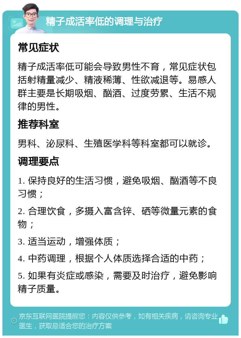 精子成活率低的调理与治疗 常见症状 精子成活率低可能会导致男性不育，常见症状包括射精量减少、精液稀薄、性欲减退等。易感人群主要是长期吸烟、酗酒、过度劳累、生活不规律的男性。 推荐科室 男科、泌尿科、生殖医学科等科室都可以就诊。 调理要点 1. 保持良好的生活习惯，避免吸烟、酗酒等不良习惯； 2. 合理饮食，多摄入富含锌、硒等微量元素的食物； 3. 适当运动，增强体质； 4. 中药调理，根据个人体质选择合适的中药； 5. 如果有炎症或感染，需要及时治疗，避免影响精子质量。